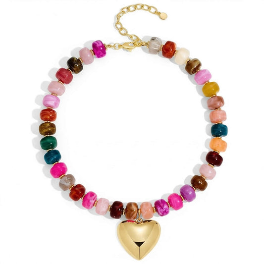 Chunky Gold Puffy Heart Necklace, Colorful Resin Beaded Choker