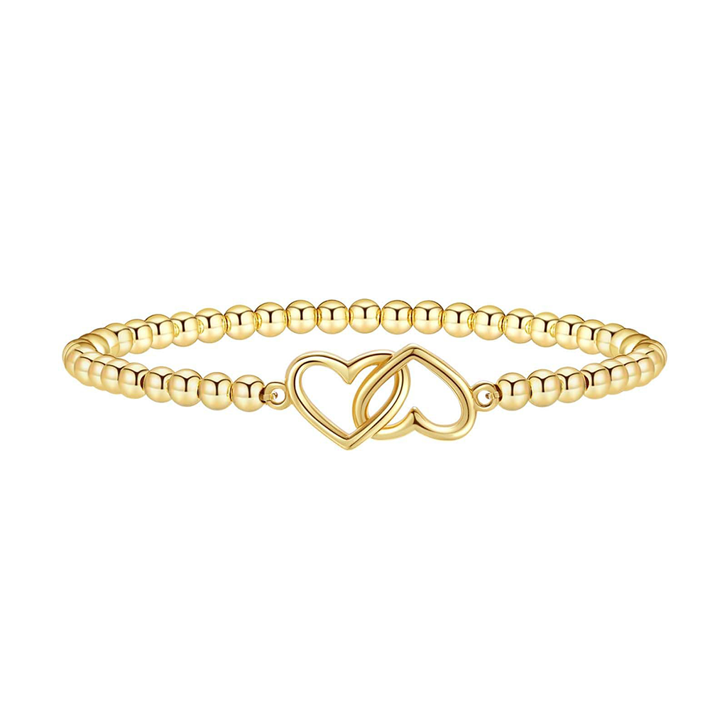 14K Gold Plated Beaded Stretch Bracelet with Double Heart Charm