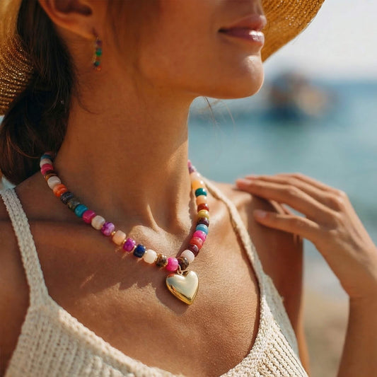 Chunky Gold Puffy Heart Necklace, Colorful Resin Beaded Choker