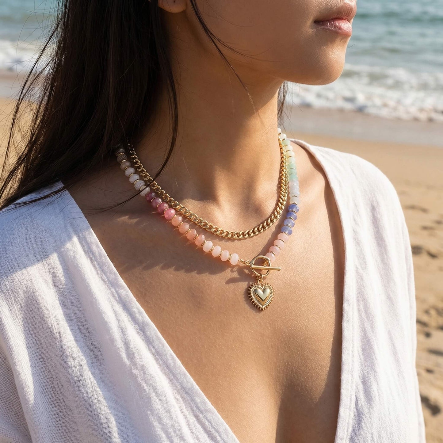 2-in-1 Rainbow Resin Bead & Gold Chain Layered Choker with Radiant Heart Pendant
