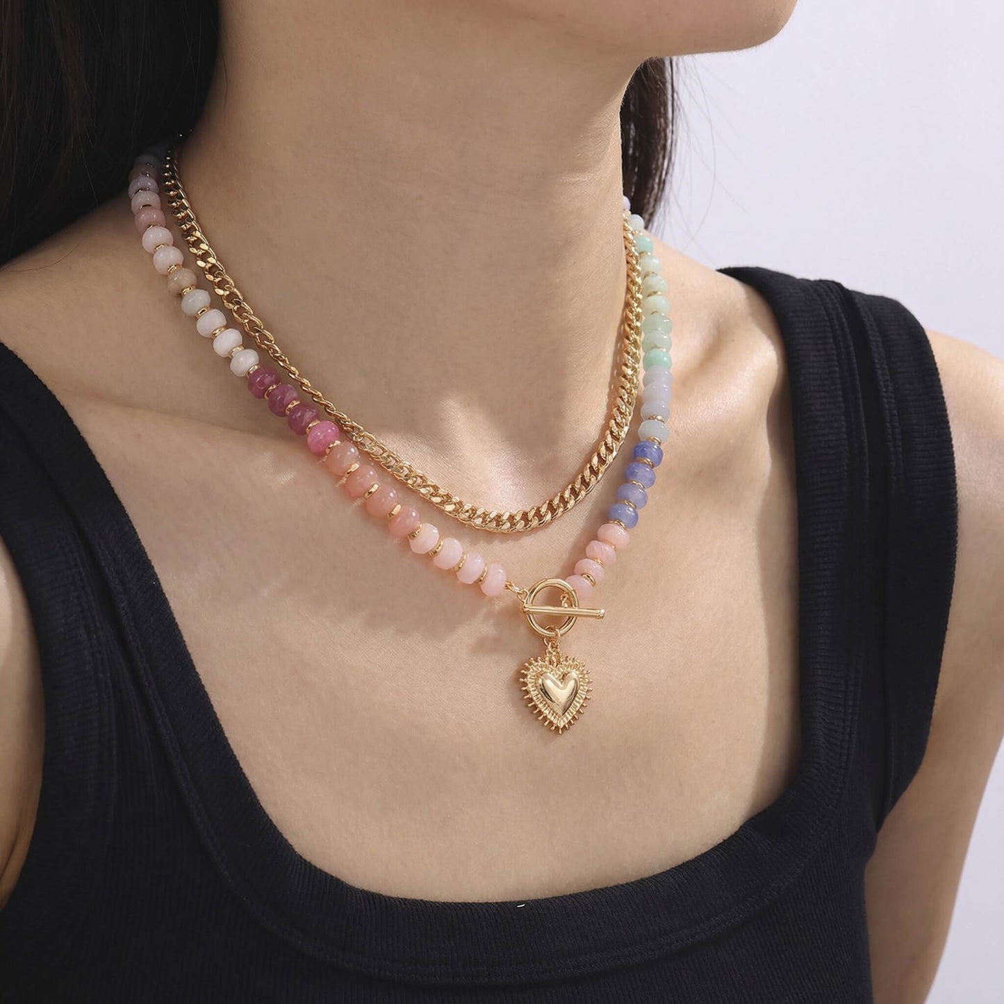 2-in-1 Rainbow Resin Bead & Gold Chain Layered Choker with Radiant Heart Pendant