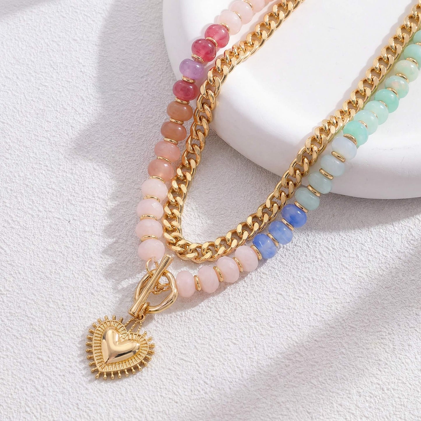 2-in-1 Rainbow Resin Bead & Gold Chain Layered Choker with Radiant Heart Pendant