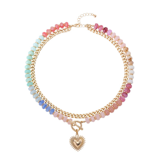 2-in-1 Rainbow Resin Bead & Gold Chain Layered Choker with Radiant Heart Pendant