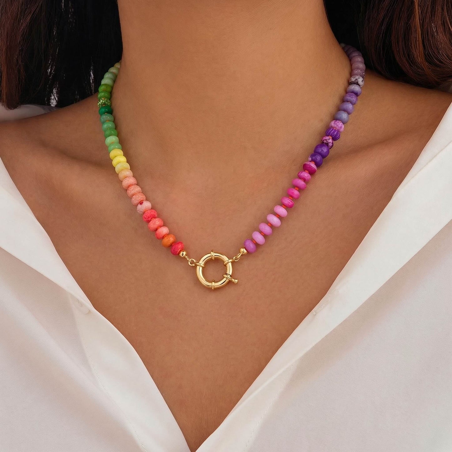 Natural Stone Rainbow Beaded Necklace Stone Choker