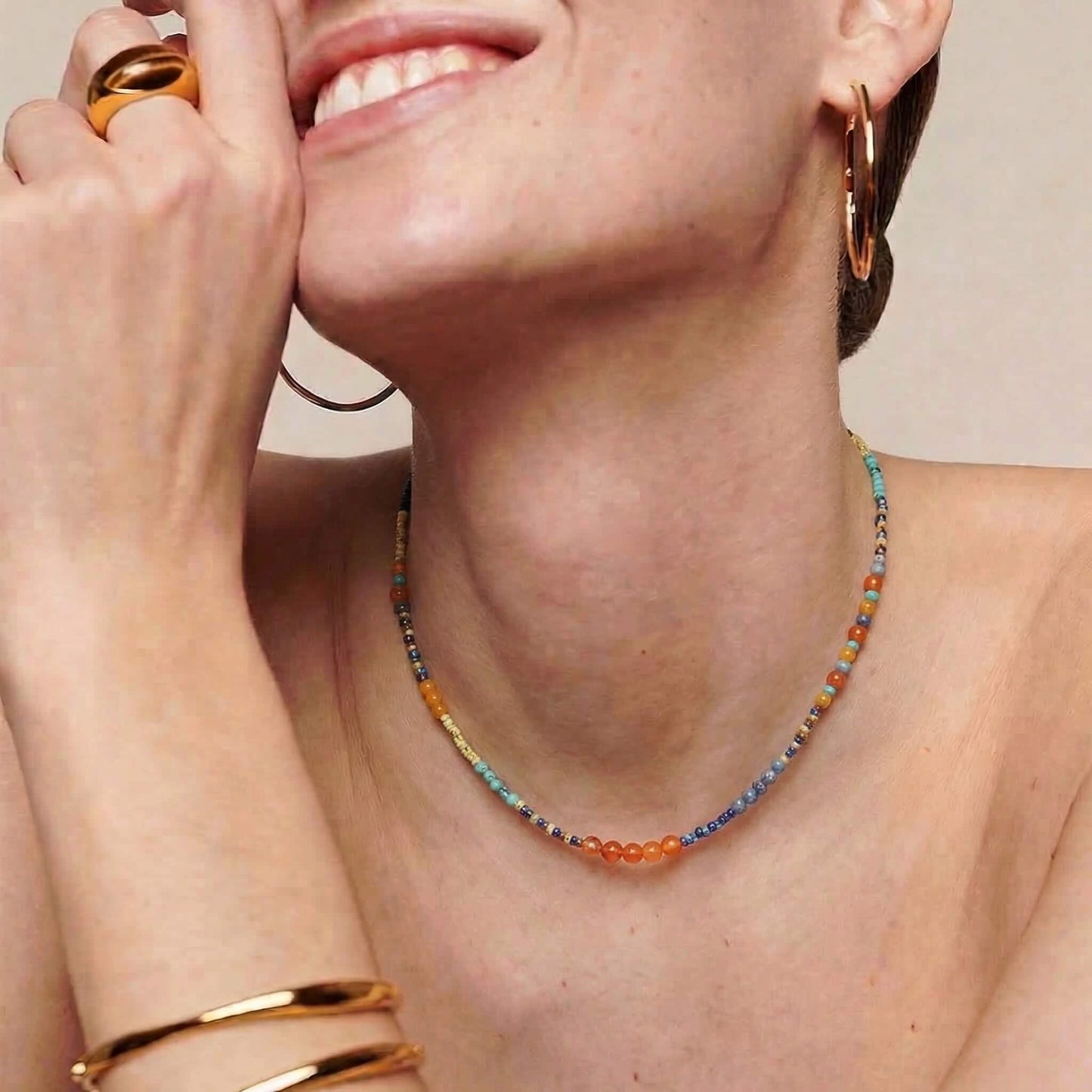 Boho Mixed Gemstone Beaded Choker | 24K Gold Plated | Agate Jade Turquoise