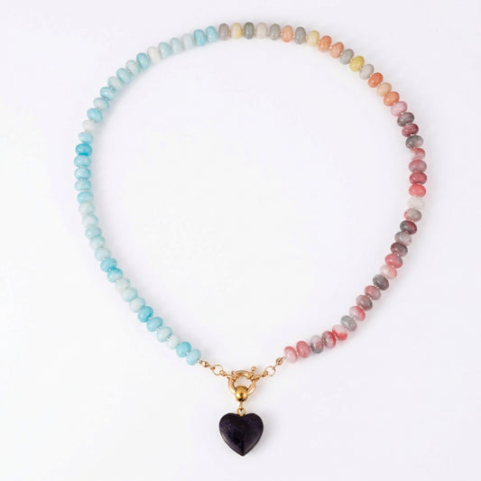 Artisanal Natural Stone Necklace | Midnight Sparkle Heart & Celestial Split-Tone Gradient | 50cm