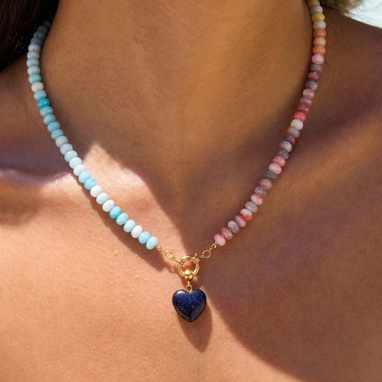 Artisanal Natural Stone Necklace | Midnight Sparkle Heart & Celestial Split-Tone Gradient | 50cm