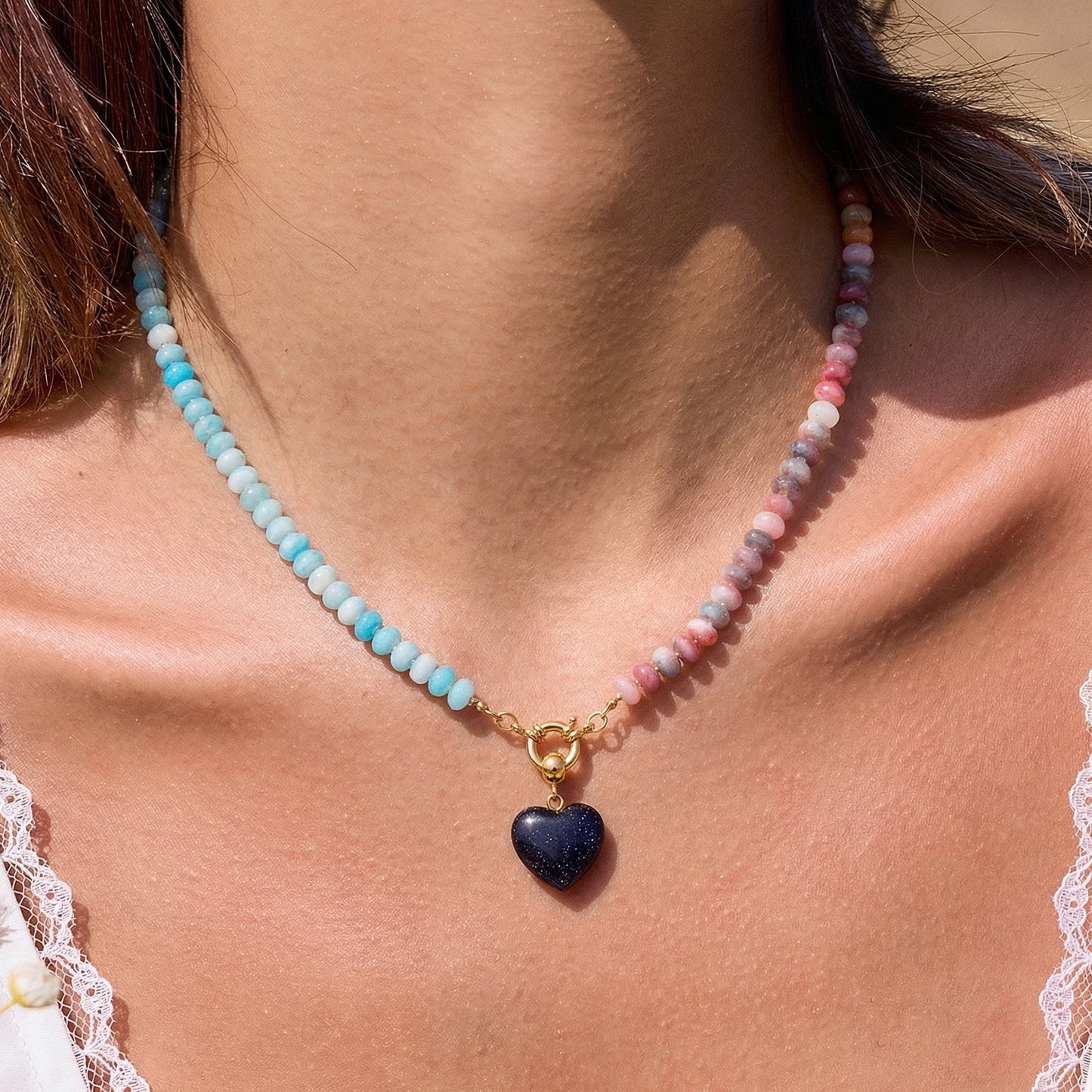 Artisanal Natural Stone Necklace | Midnight Sparkle Heart & Celestial Split-Tone Gradient | 50cm