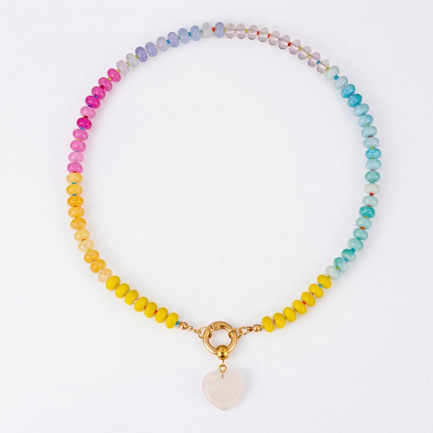 Artisanal Natural Stone Necklace | Rose Quartz Heart Pendant & Soft Pastel Rainbow Gradient | 50cm