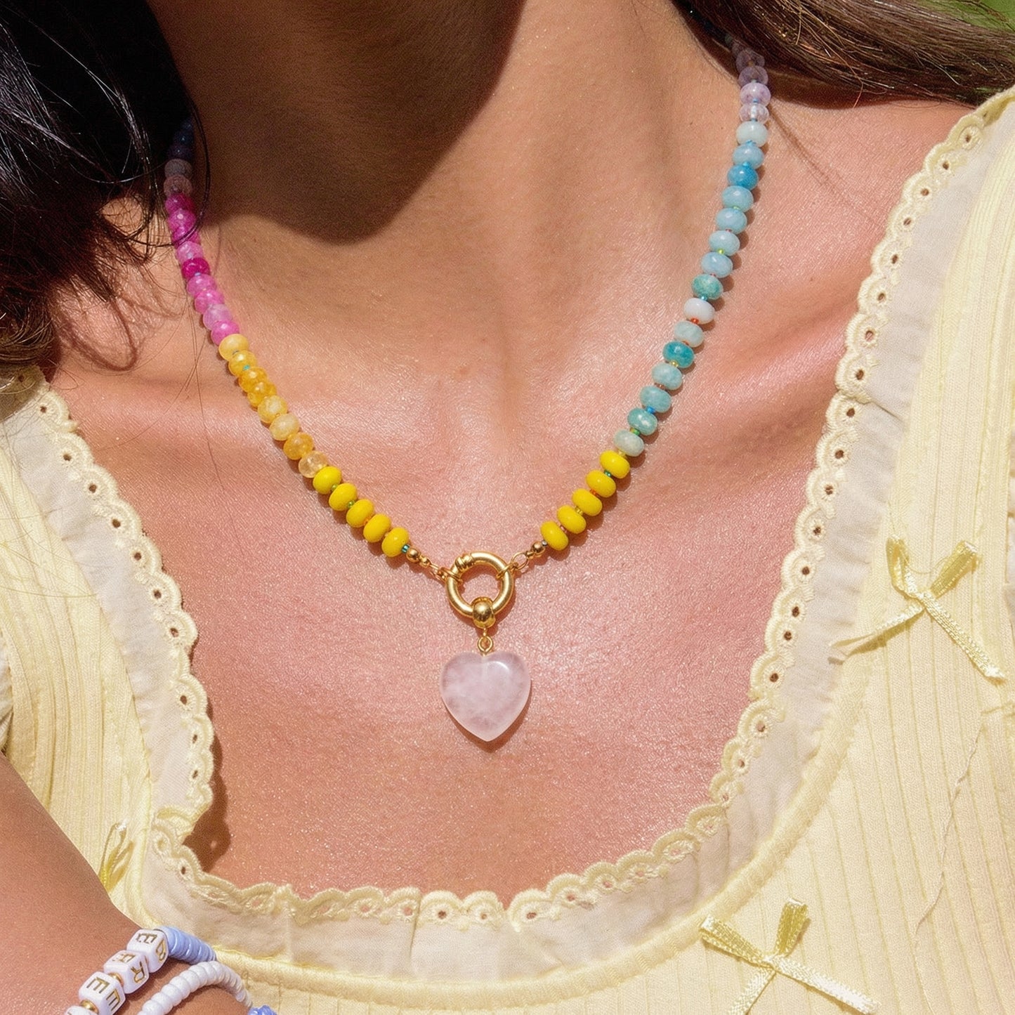 Artisanal Natural Stone Necklace | Rose Quartz Heart Pendant & Soft Pastel Rainbow Gradient | 50cm