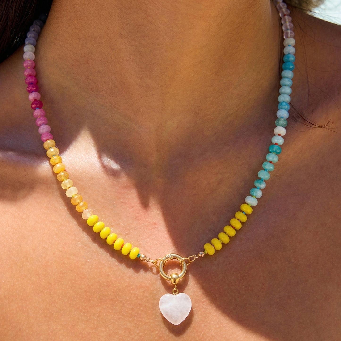 Artisanal Natural Stone Necklace | Rose Quartz Heart Pendant & Soft Pastel Rainbow Gradient | 50cm
