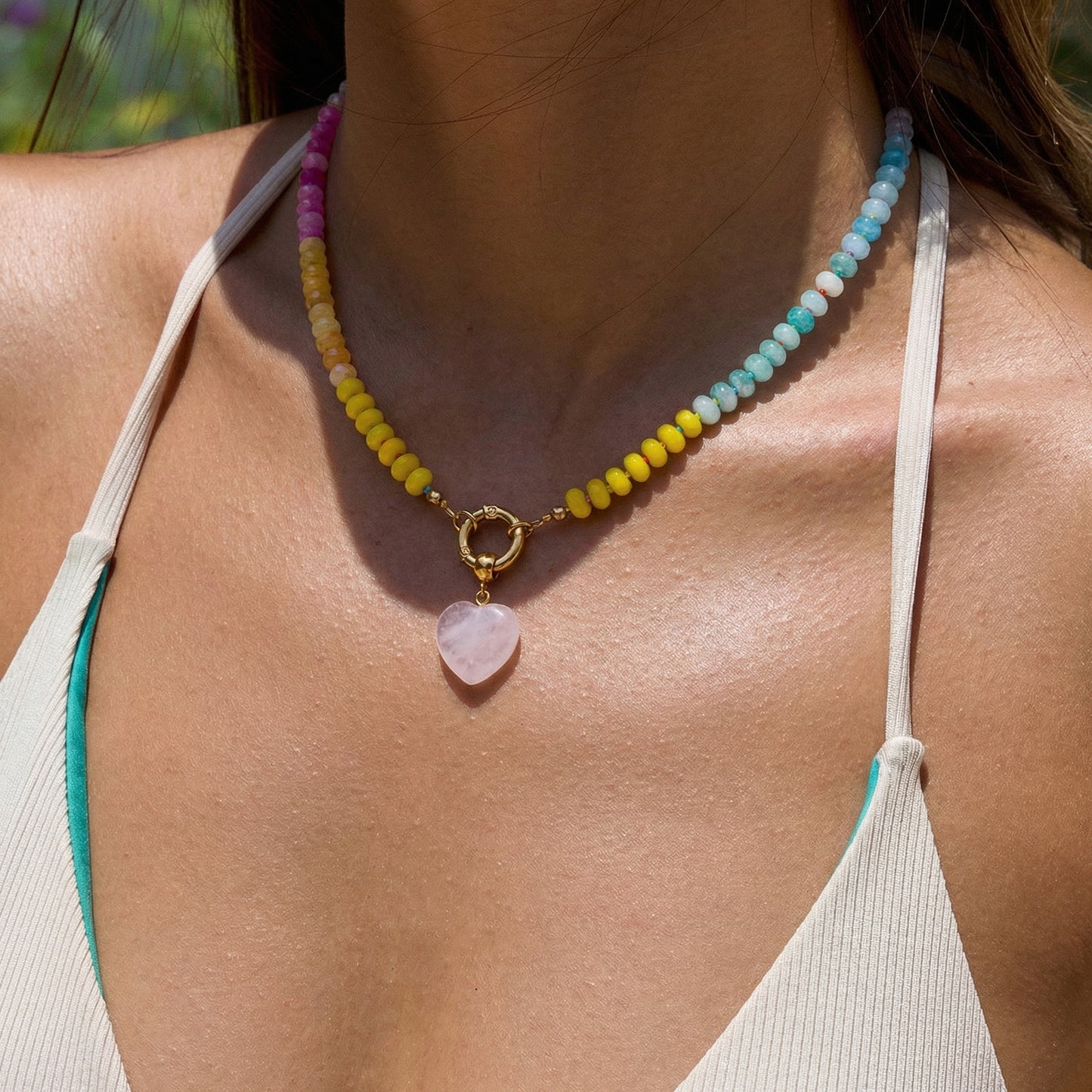 Artisanal Natural Stone Necklace | Rose Quartz Heart Pendant & Soft Pastel Rainbow Gradient | 50cm