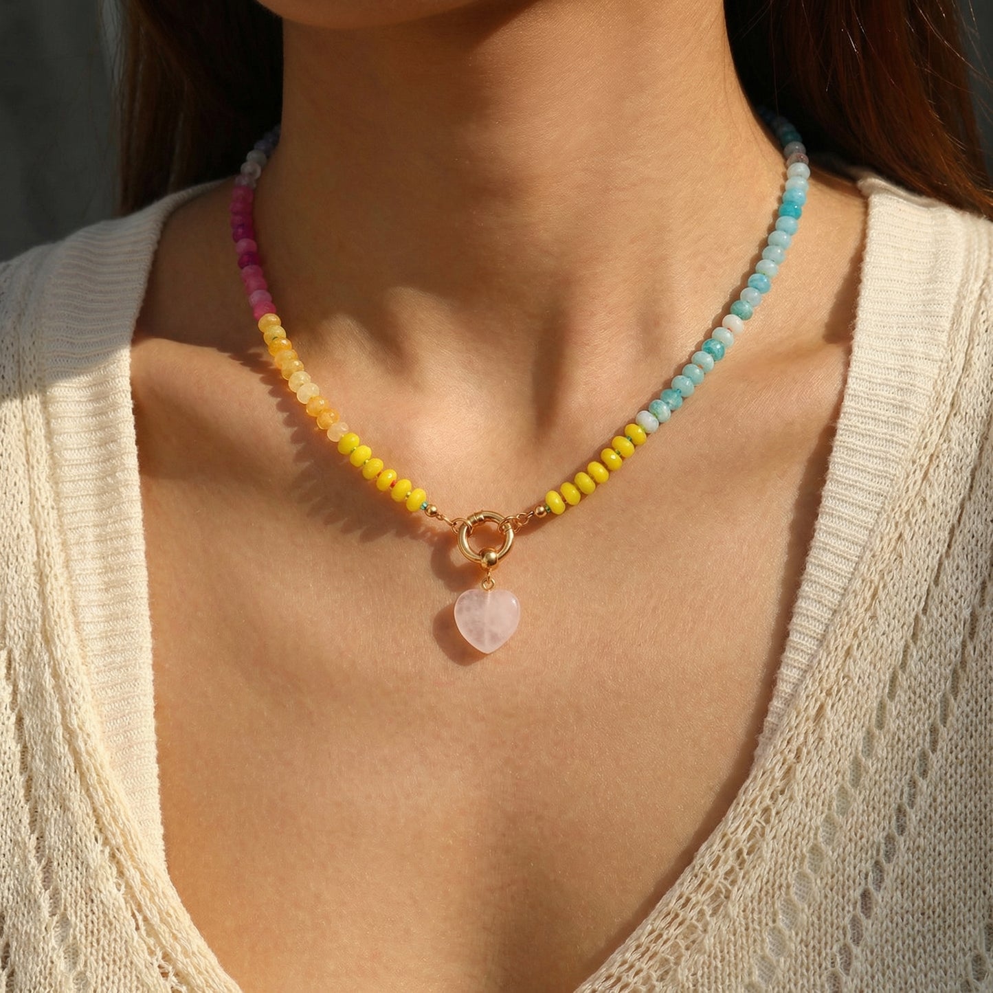 Artisanal Natural Stone Necklace | Rose Quartz Heart Pendant & Soft Pastel Rainbow Gradient | 50cm