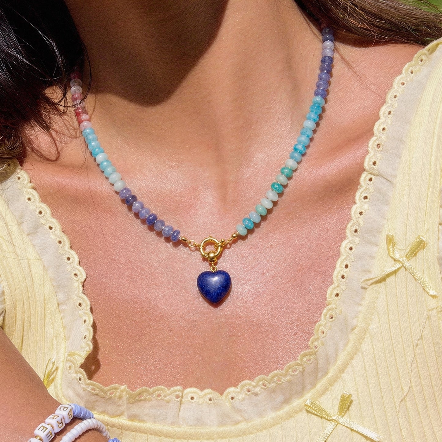 Artisanal Natural Stone Necklace | Deep Lapis Blue Heart & Midnight Rainbow Gradient | 50cm
