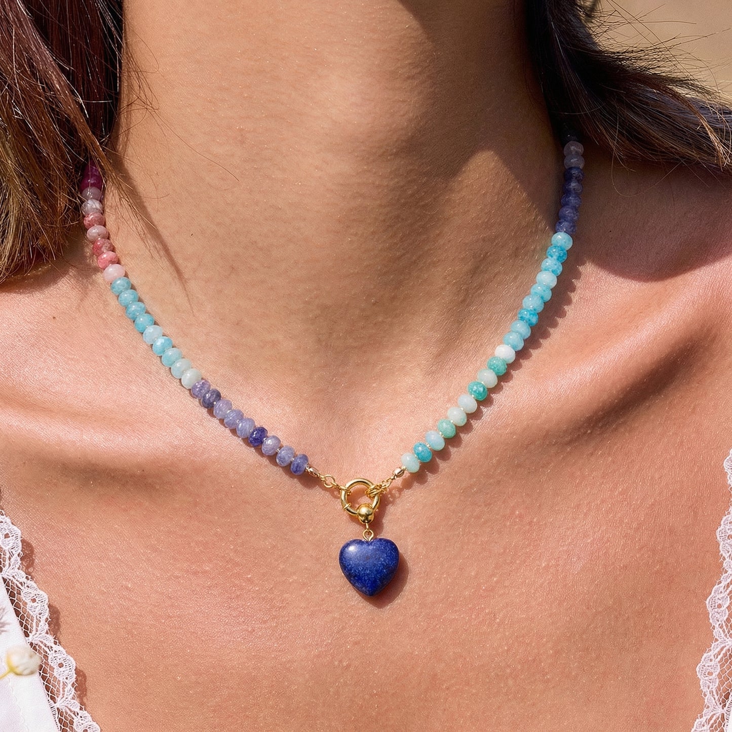 Artisanal Natural Stone Necklace | Deep Lapis Blue Heart & Midnight Rainbow Gradient | 50cm