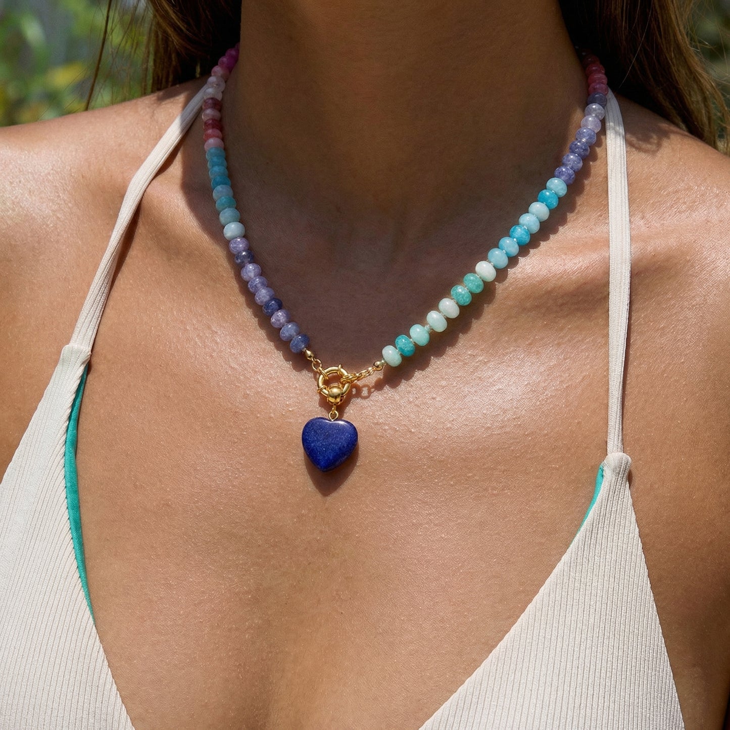 Artisanal Natural Stone Necklace | Deep Lapis Blue Heart & Midnight Rainbow Gradient | 50cm