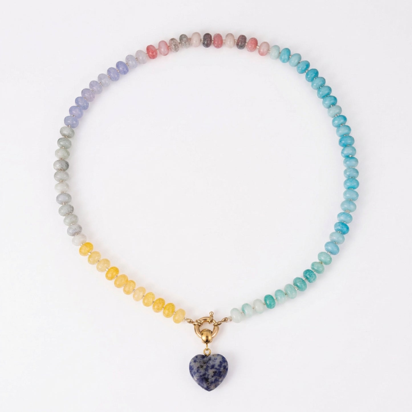 Artisanal Natural Stone Necklace | Blue Marble Heart Pendant & Pastel Earth-Tone Gradient | 50cm