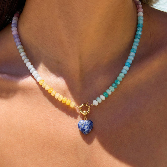Artisanal Natural Stone Necklace | Blue Marble Heart Pendant & Pastel Earth-Tone Gradient | 50cm