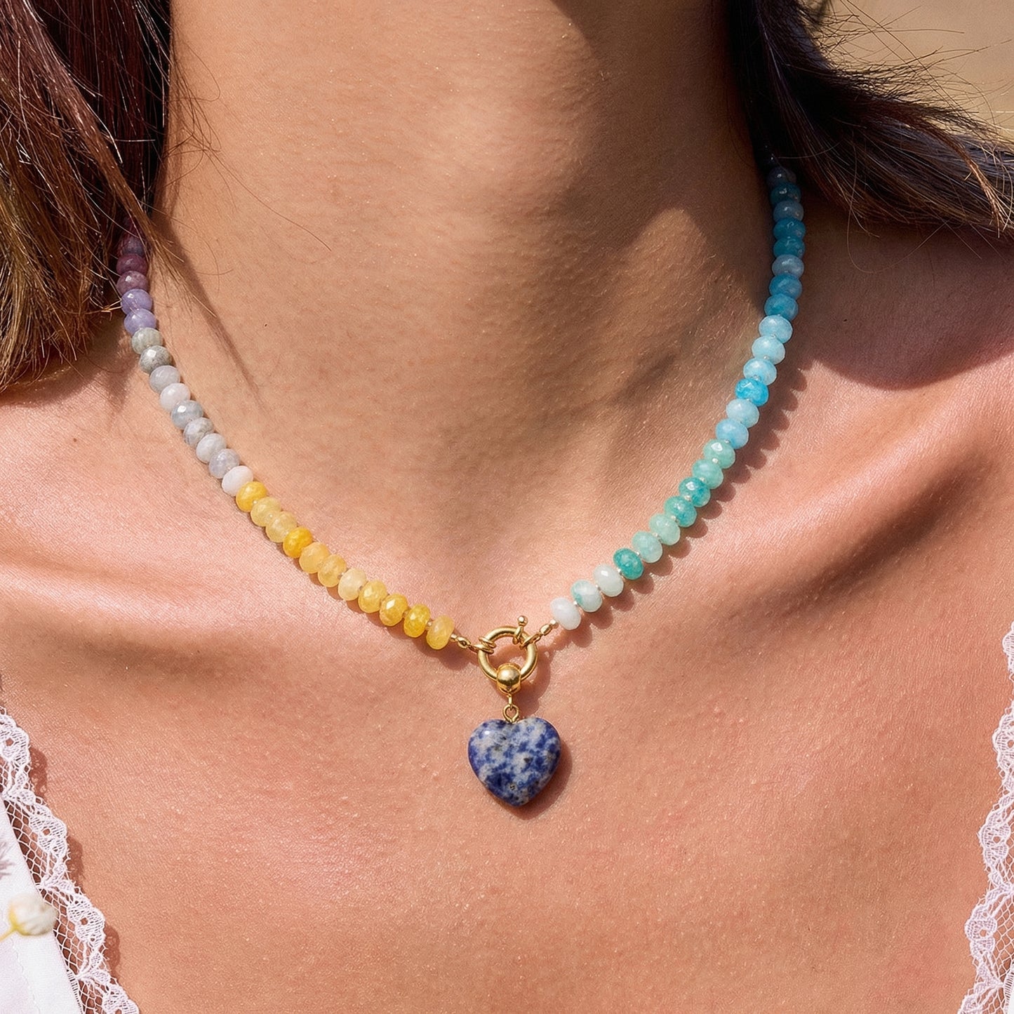 Artisanal Natural Stone Necklace | Blue Marble Heart Pendant & Pastel Earth-Tone Gradient | 50cm