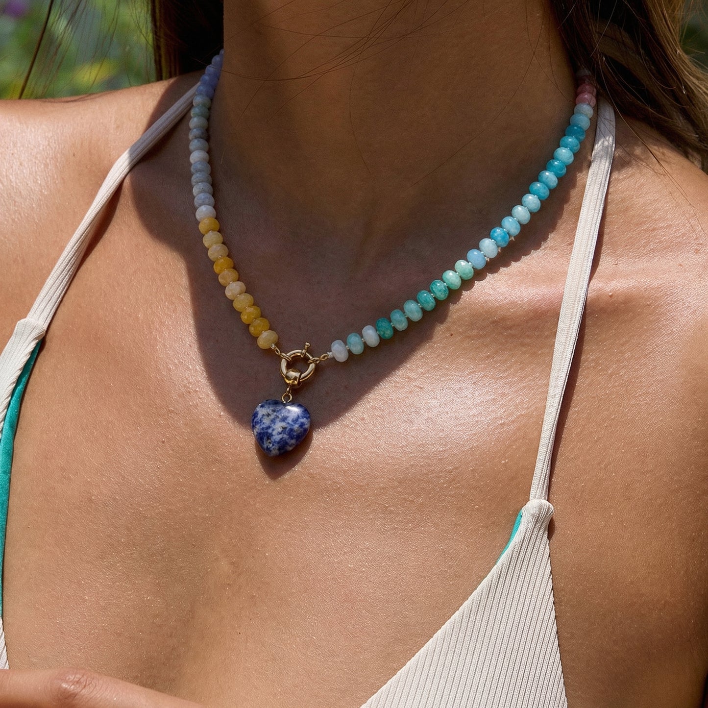 Artisanal Natural Stone Necklace | Blue Marble Heart Pendant & Pastel Earth-Tone Gradient | 50cm