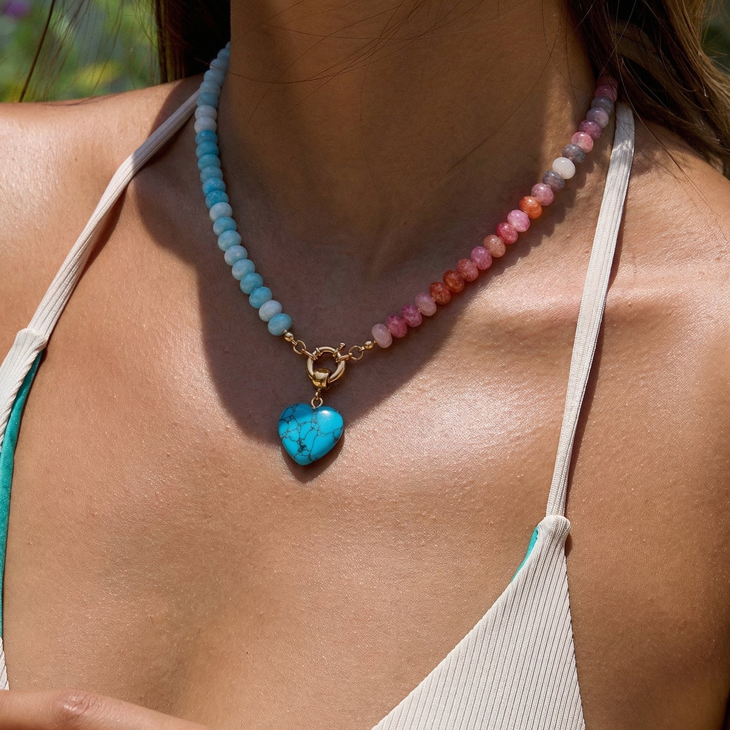 Artisanal Split-Tone Natural Stone Necklace | Genuine Turquoise Matrix Heart & Gold Clasp | 50cm