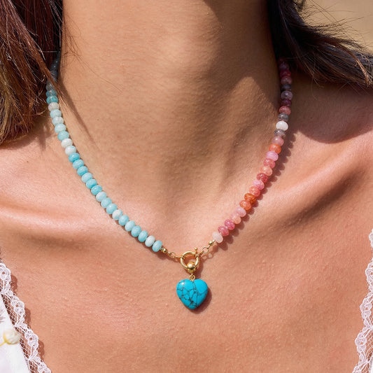 Artisanal Split-Tone Natural Stone Necklace | Genuine Turquoise Matrix Heart & Gold Clasp | 50cm