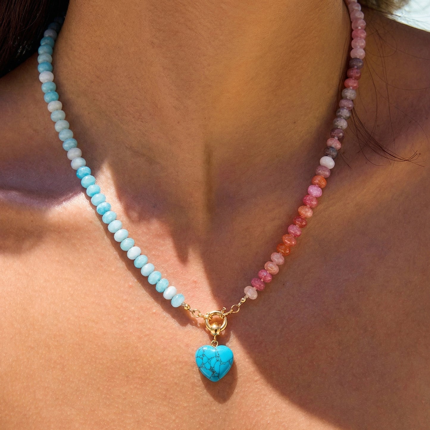 Artisanal Split-Tone Natural Stone Necklace | Genuine Turquoise Matrix Heart & Gold Clasp | 50cm