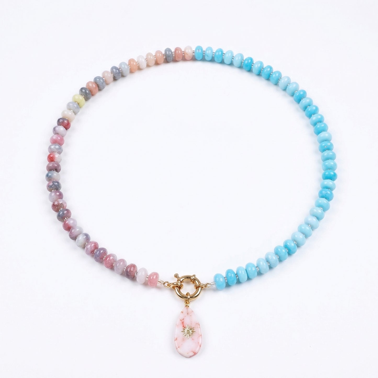 Artisanal Natural Stone Necklace | Split Sky Blue & Muted Pink/Purple Gradient with Sunburst Heart Pendant | 50cm