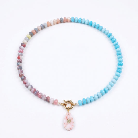 Artisanal Natural Stone Necklace | Split Sky Blue & Muted Pink/Purple Gradient with Sunburst Heart Pendant | 50cm