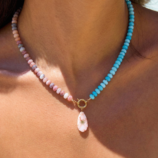 Artisanal Natural Stone Necklace | Split Sky Blue & Muted Pink/Purple Gradient with Sunburst Heart Pendant | 50cm
