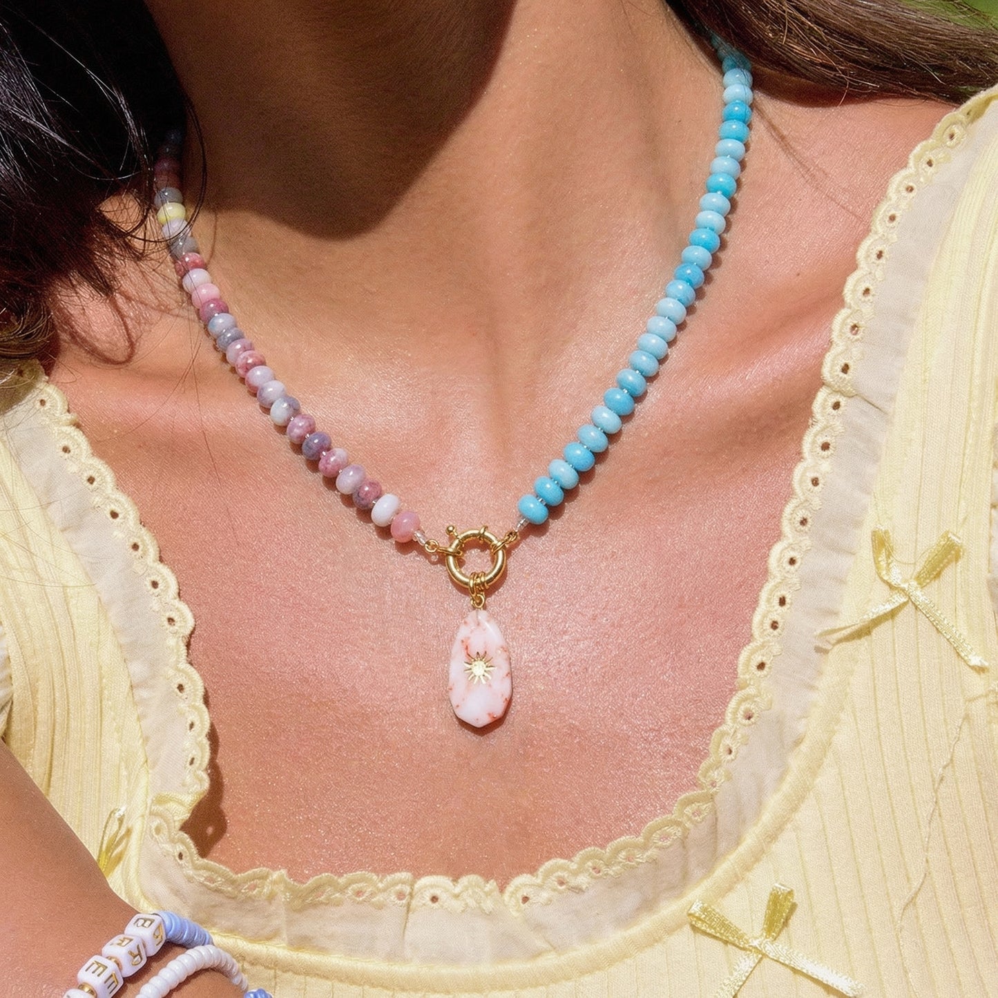 Artisanal Natural Stone Necklace | Split Sky Blue & Muted Pink/Purple Gradient with Sunburst Heart Pendant | 50cm