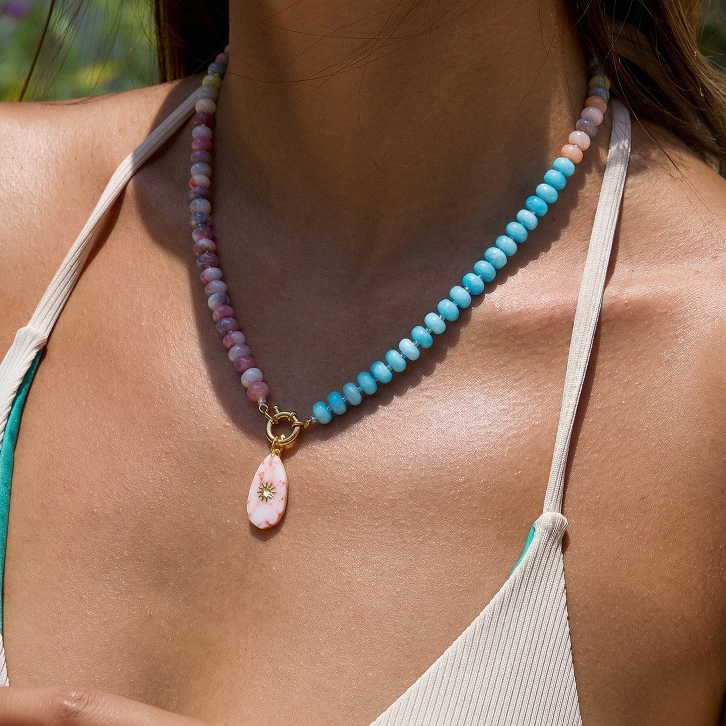 Artisanal Natural Stone Necklace | Split Sky Blue & Muted Pink/Purple Gradient with Sunburst Heart Pendant | 50cm