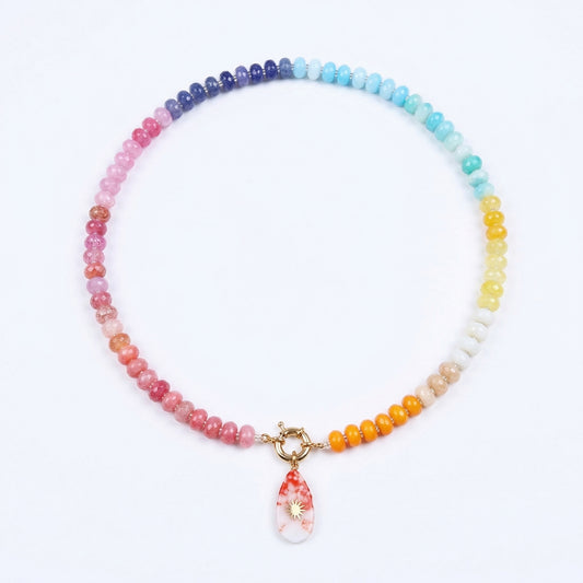 Artisanal Rainbow Natural Stone Statement Necklace | Sunburst Drop Pendant | 50cm
