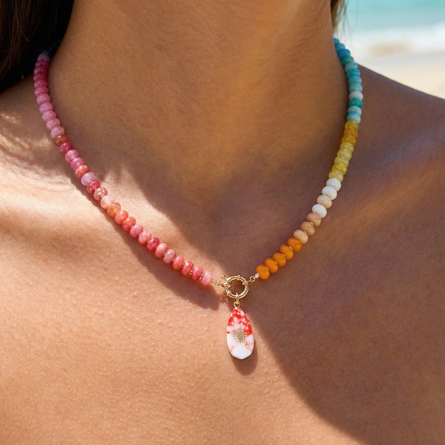 Artisanal Rainbow Natural Stone Statement Necklace | Sunburst Drop Pendant | 50cm