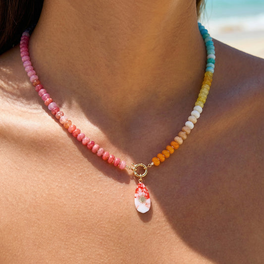 Artisanal Rainbow Natural Stone Statement Necklace | Sunburst Drop Pendant | 50cm
