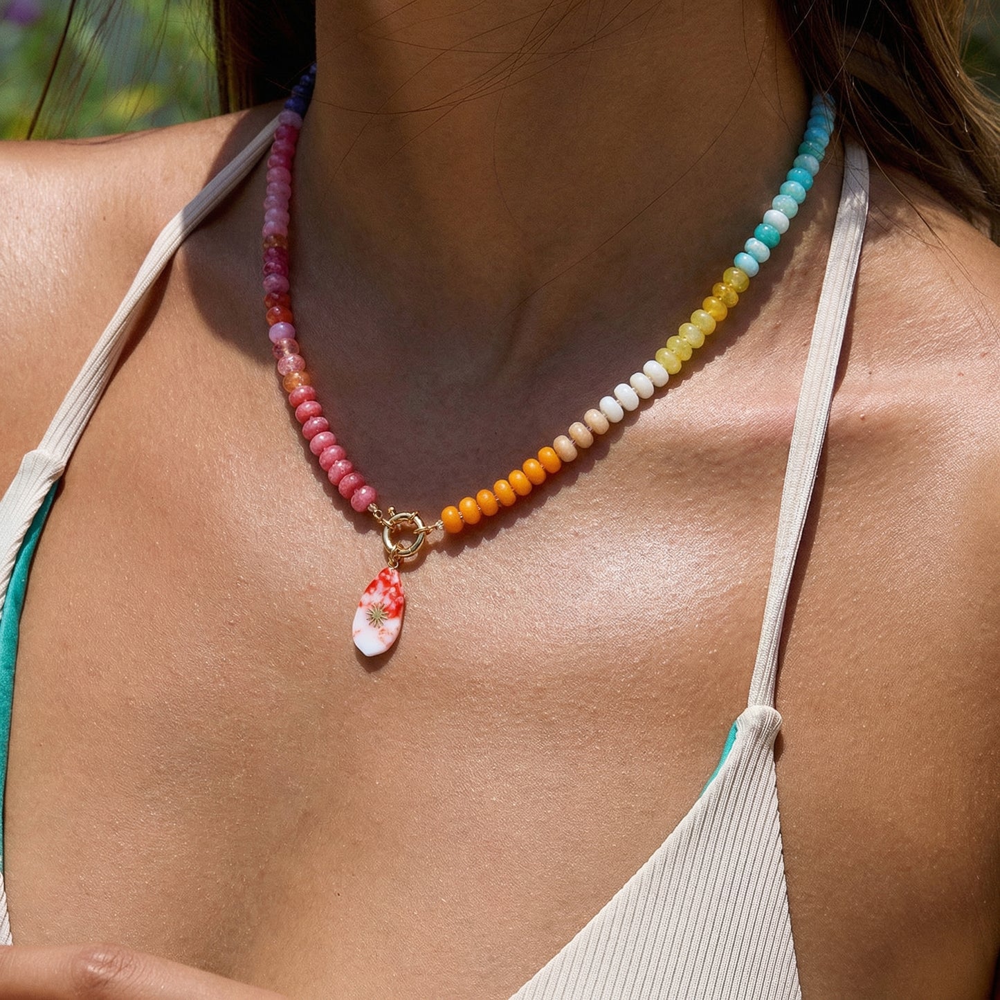 Artisanal Rainbow Natural Stone Statement Necklace | Sunburst Drop Pendant | 50cm