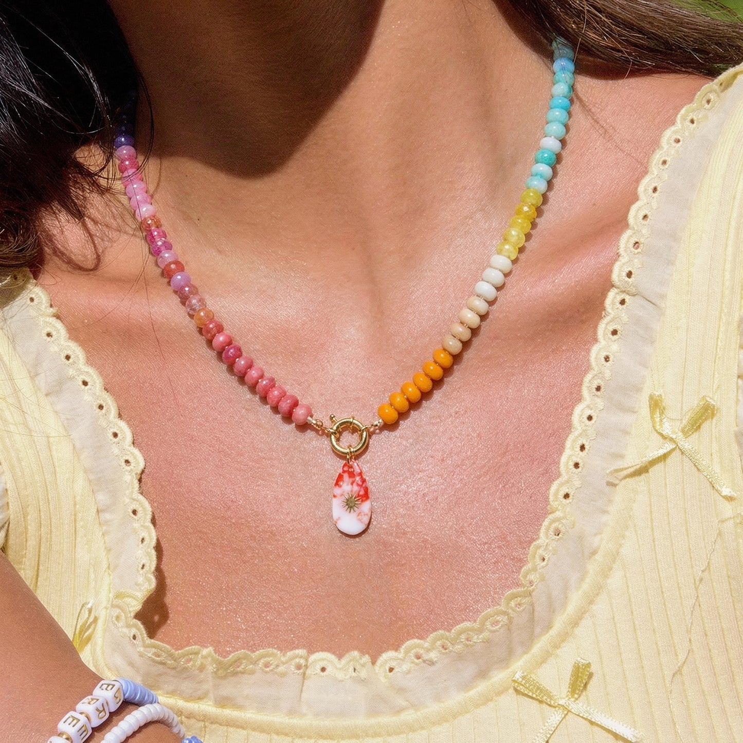 Artisanal Rainbow Natural Stone Statement Necklace | Sunburst Drop Pendant | 50cm