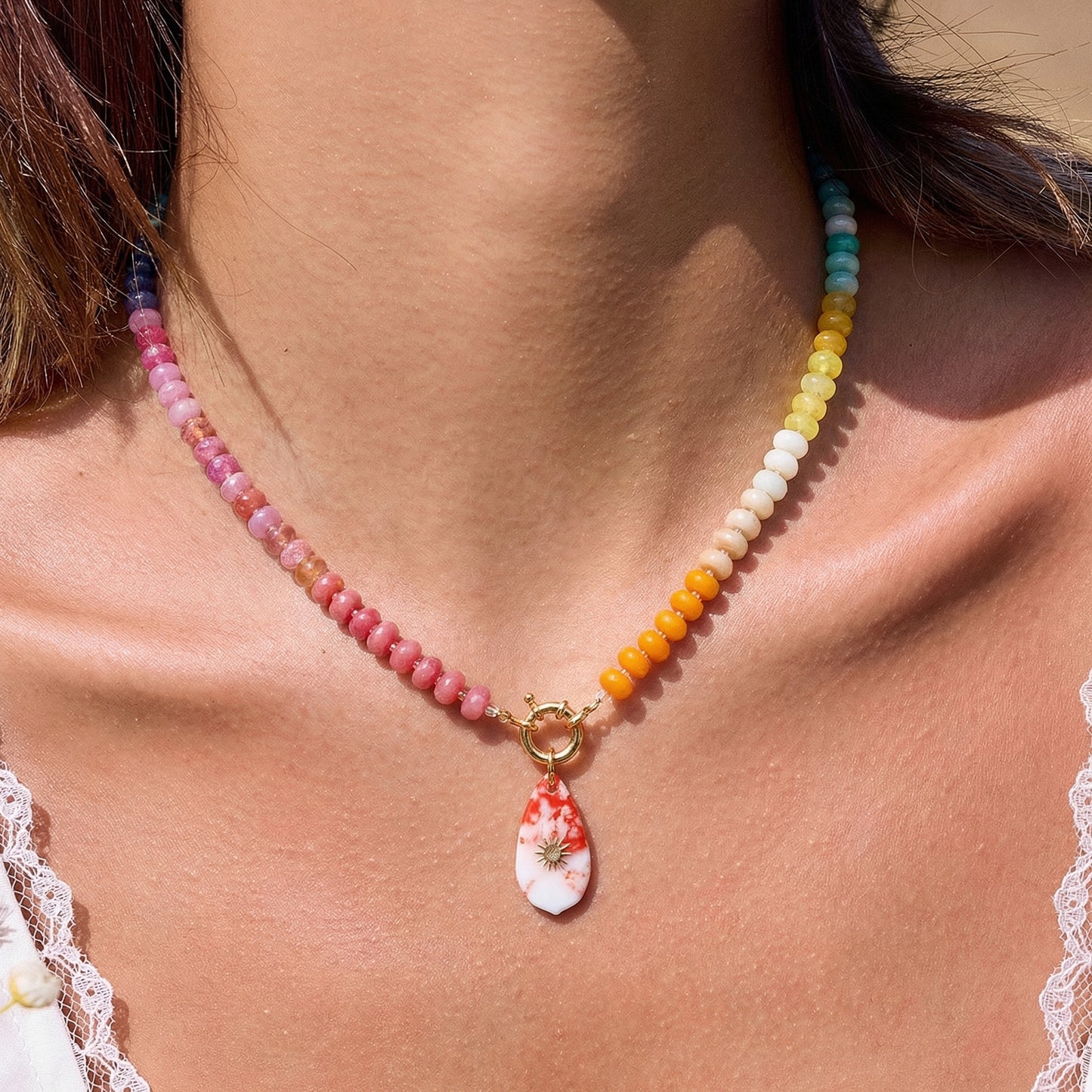 Artisanal Rainbow Natural Stone Statement Necklace | Sunburst Drop Pendant | 50cm