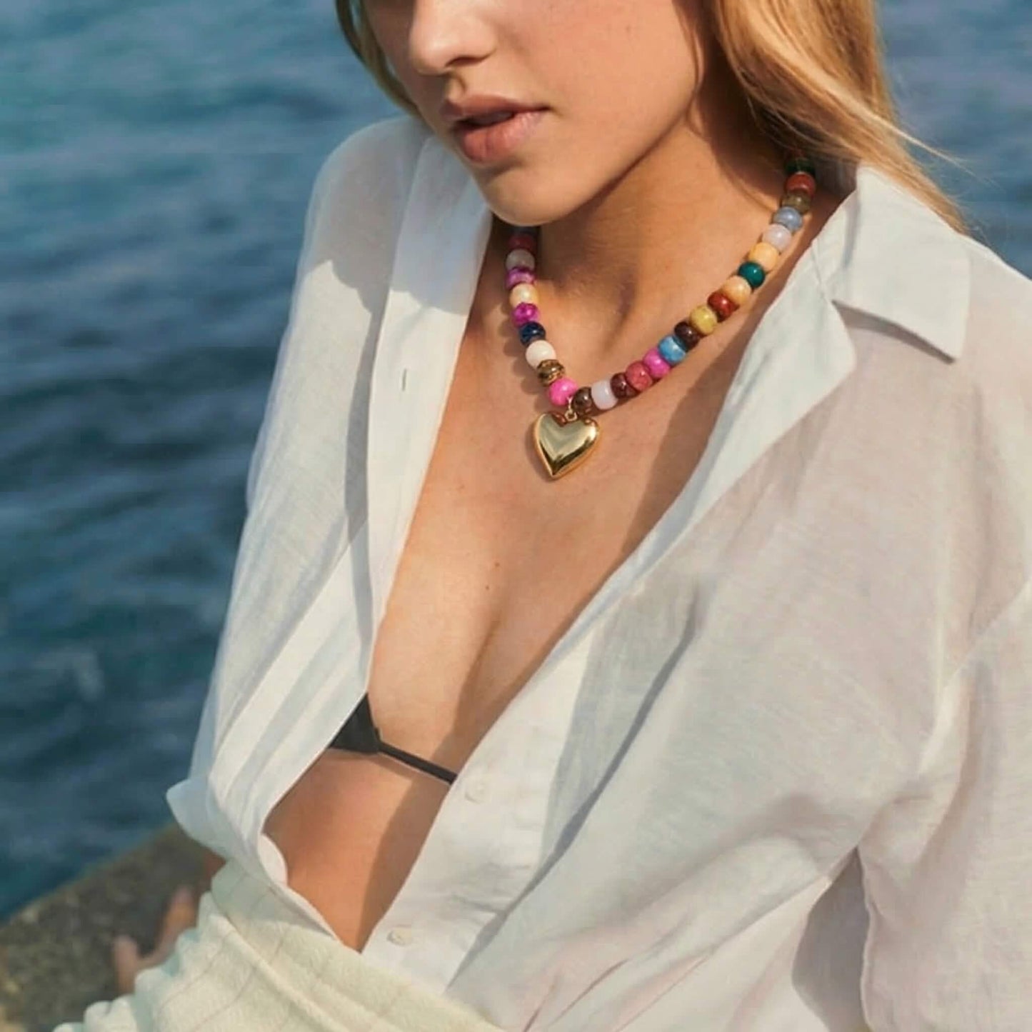 Chunky Gold Puffy Heart Necklace, Colorful Resin Beaded Choker