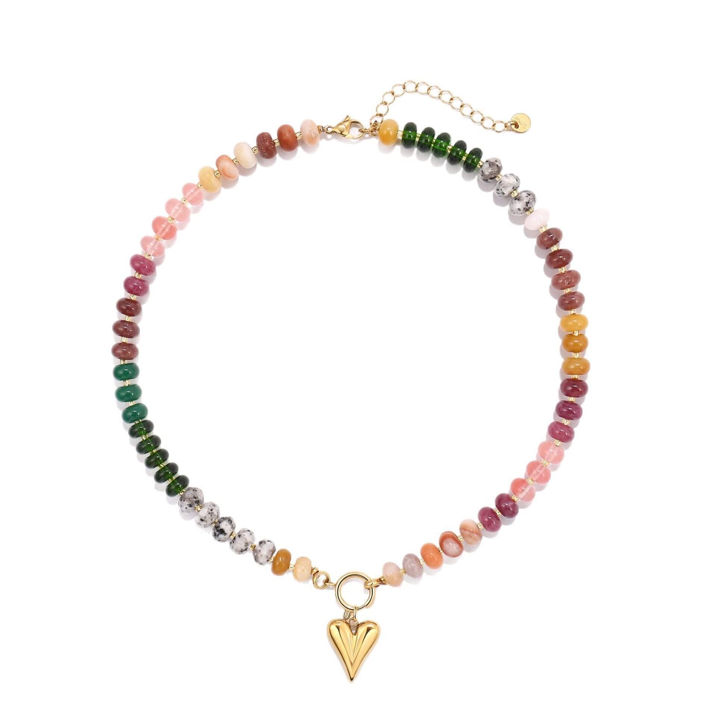 Rainbow Natural Stone Beaded Choker - Detachable Gold Heart Pendant