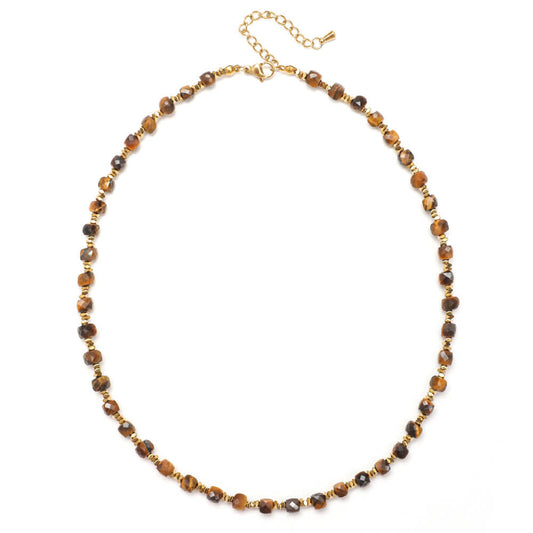 Retro Tiger Eye Natural Stone Beaded Choker Necklace - Earthy Boho Vintage Charm