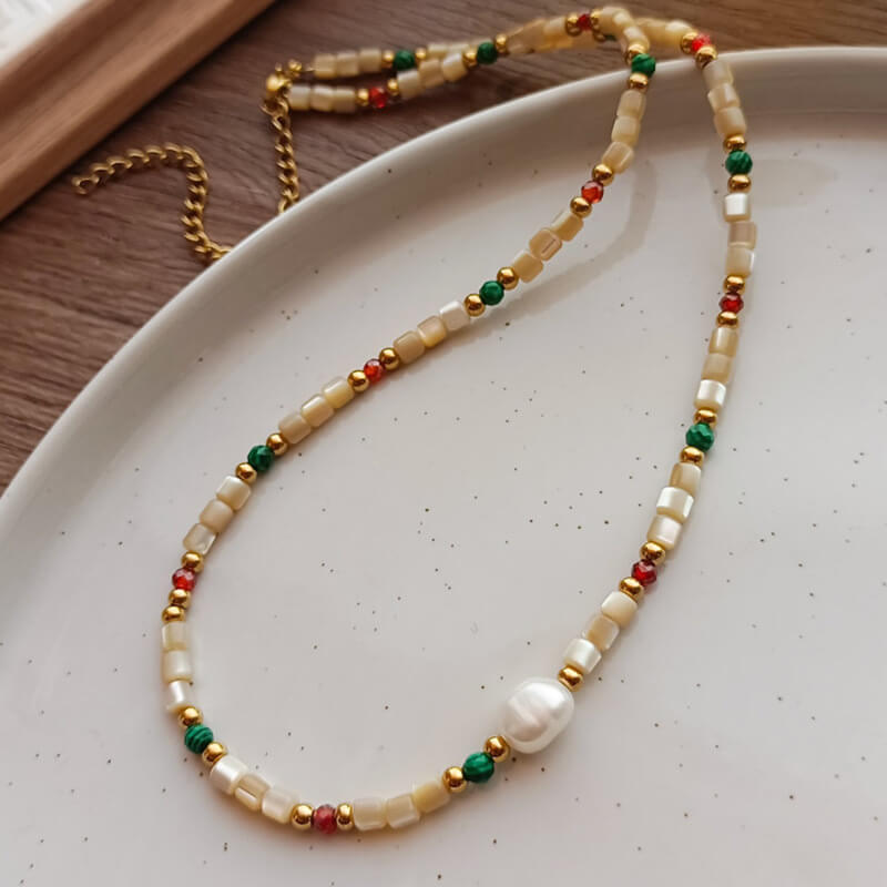 Vintage-Inspired Baroque Pearl & Cylinder Bead Necklace - Artistic Shell and Stone Choker