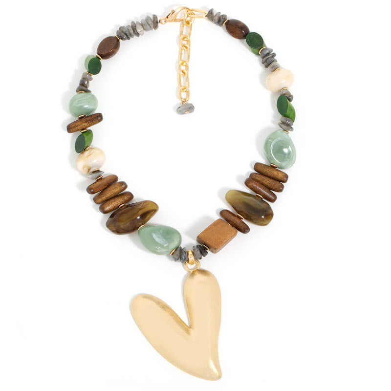 Bohemian Earth-Tone Beaded Necklace - Chunky Solid Matte Gold Heart Pendant Statement Choker with Natural Stone & Wood