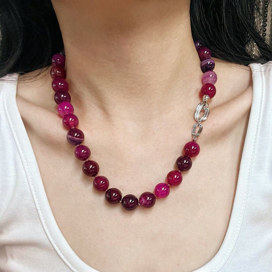 Elegant Natural Pink Agate Beaded Choker Necklace