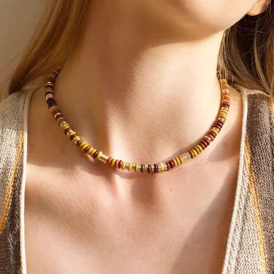 Sunset Disc Beaded Choker Necklace | Natural Stone & Gold-Tone Choker for Retro Chic Vibes