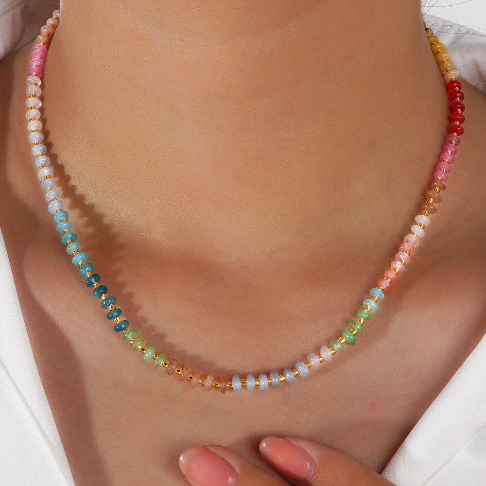 Vibrant Rainbow Natural Stone Beaded Choker Necklace