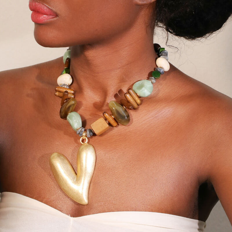 Bohemian Earth-Tone Beaded Necklace - Chunky Solid Matte Gold Heart Pendant Statement Choker with Natural Stone & Wood
