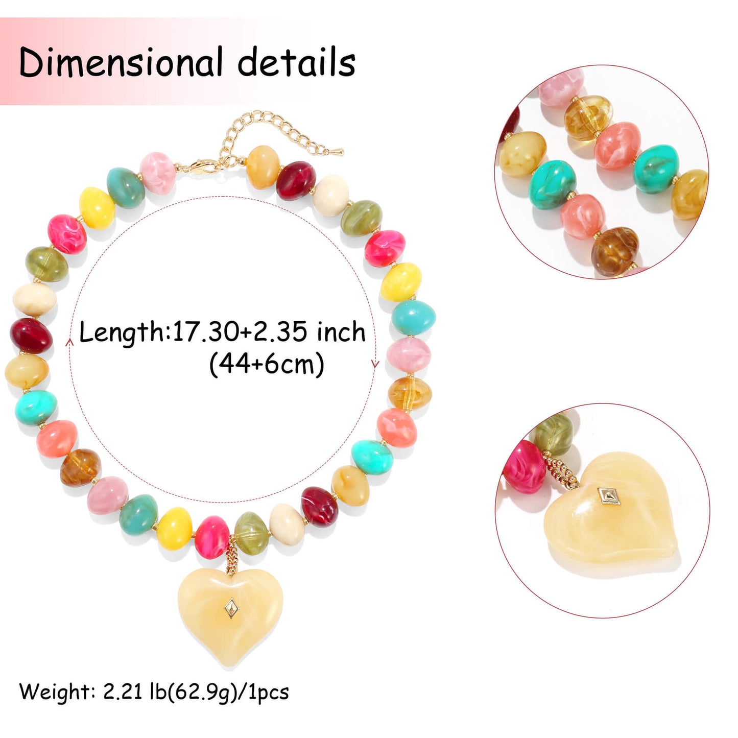 Chunky Colorful Acrylic Beaded Statement Necklace with Heart Pendant