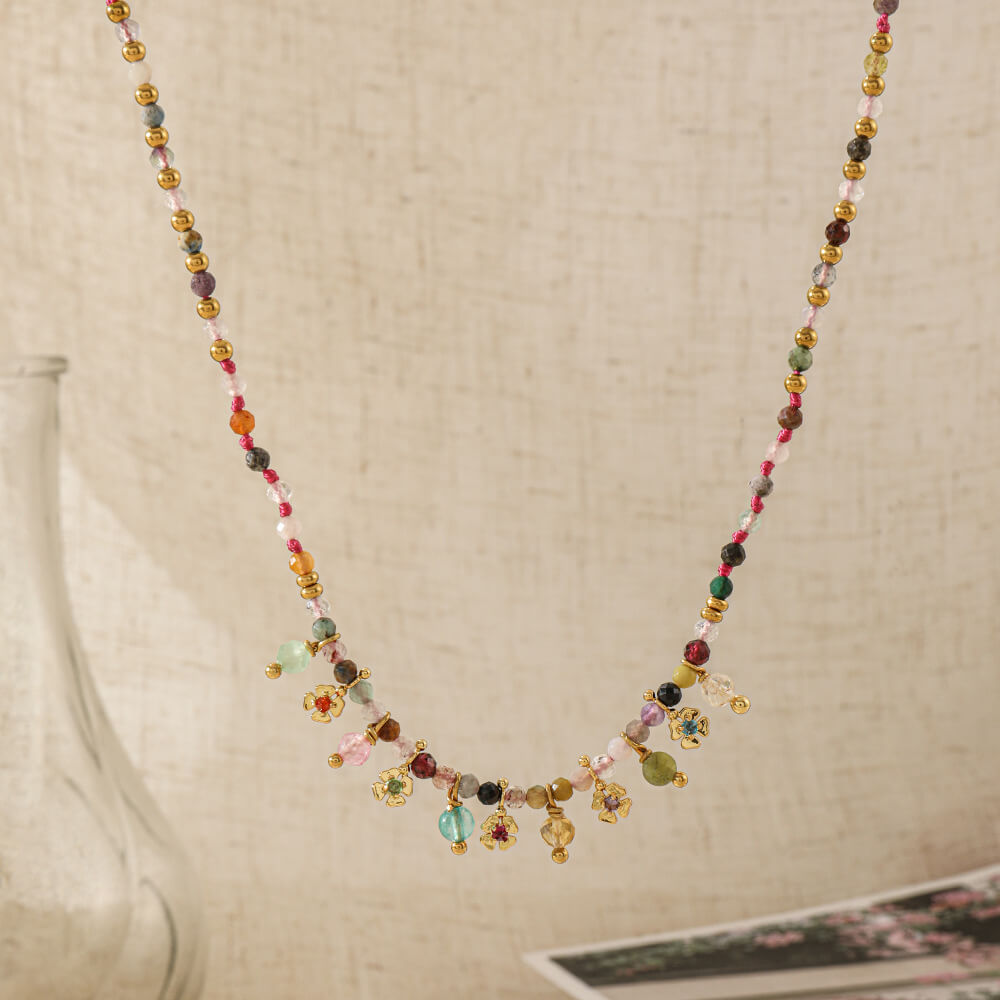 Dopamine-Color Natural Multi-Gemstone Beaded Choker Necklace