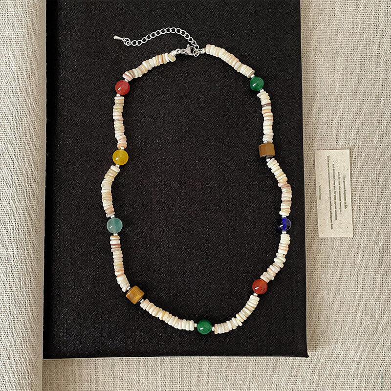 Colorful Natural Stone & Shell Beaded Choker Necklace